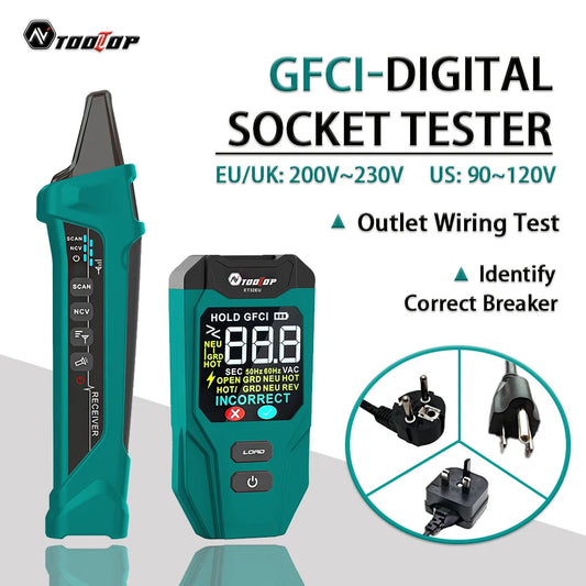 TOOLTOP ET32 Digital Circuit Breaker Finder Neutral/Live Wiring Detect GFCI Outlet Tester US/EU/UK Socket Voltage Measurement