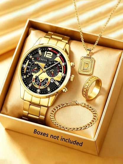 Men's Casual Fashion Quartz Watch Set with Ring Necklace Bracelet Combo Suitable for Daily Wear Perfect Father's Day Gift