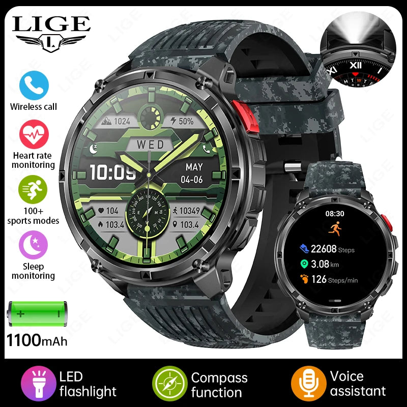 LIGE Smart Watch 2026 Gorąca Sprzedaż 1100mAh Wojskowy Wodoodporny Kompas Latarka LED Tryby Sportowe Męski Smartwatch Dla Android iOS