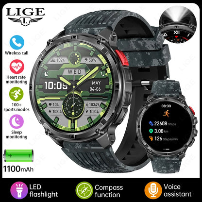LIGE Smart Watch 2026 Gorąca Sprzedaż 1100mAh Wojskowy Wodoodporny Kompas Latarka LED Tryby Sportowe Męski Smartwatch Dla Android iOS