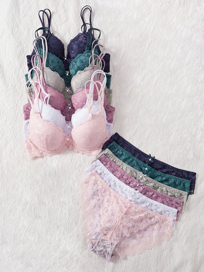 6-Piece Set Women's Bra and Panties Set Sexy Patterned Lace Patchwork No Lining Comfortable Fitting Women's Push-Up Bra Women's Underwear Set