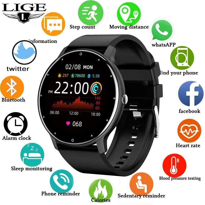 Smartwatch LIGE męski damski z pełnym ekranem dotykowym Sportowy zegarek fitness męski IP67 Wodoodporny Bluetooth dla Androida iOS Smartwatch Mężczyźni