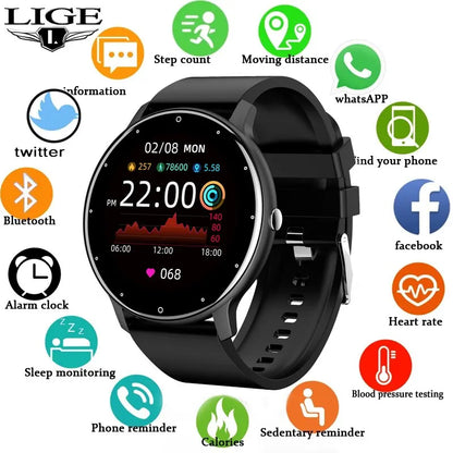 Smartwatch LIGE męski damski z pełnym ekranem dotykowym Sportowy zegarek fitness męski IP67 Wodoodporny Bluetooth dla Androida iOS Smartwatch Mężczyźni