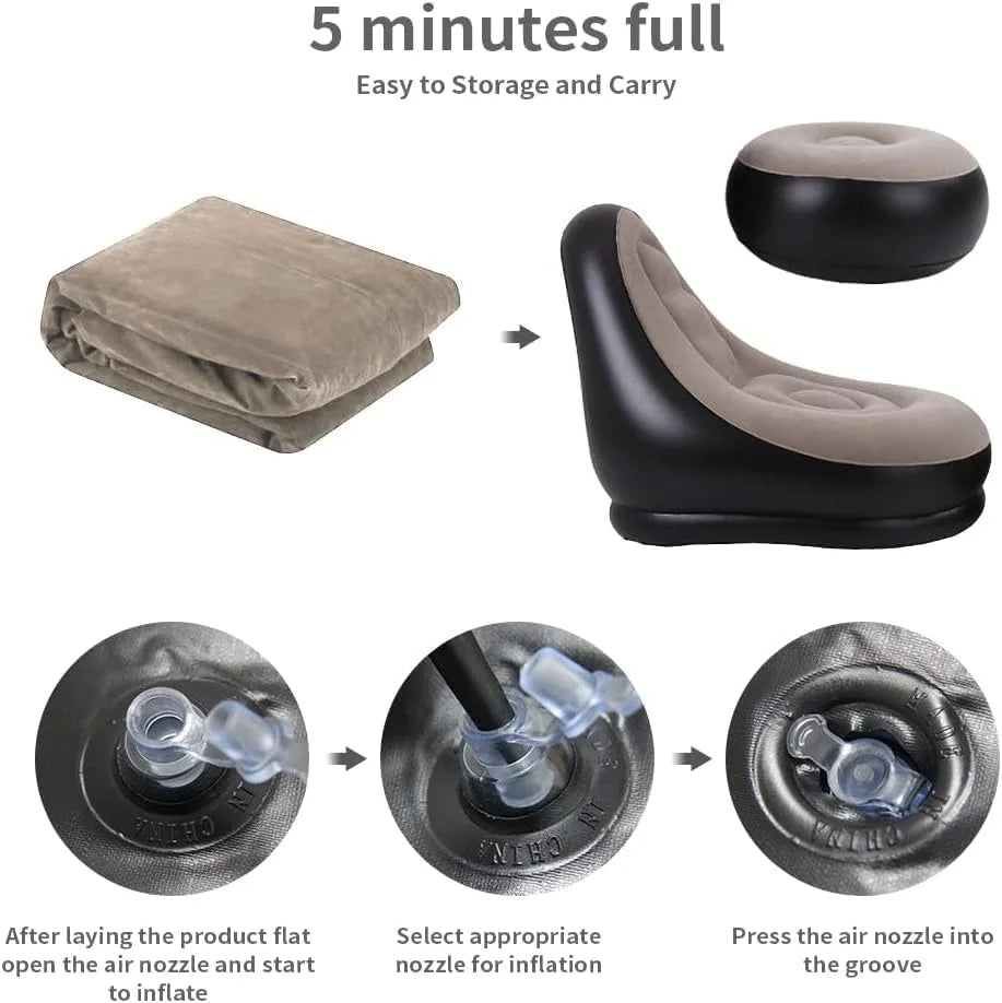 2Pcs Lazy Sofa Inflatable Chair Folding Recliner (Sofa + Footrest) Outdoor Sofa Bed with Footrest Indoor and Outdoor Portable Folding Air Mattress Lunch Break Leisure Chair Set
