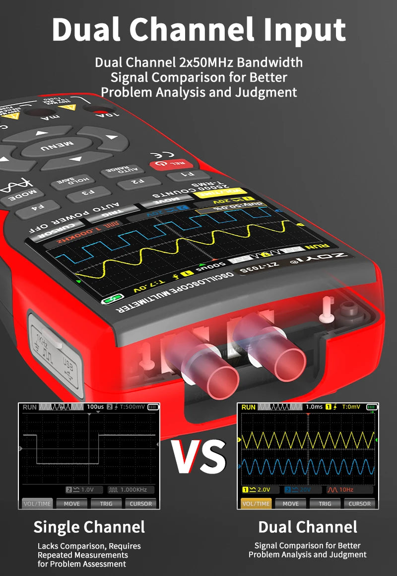ZOYI 3-in-1 digital multimeter 50MHz bandwidth 280MS rate PC waveform data storage dual oscilloscope signal generator auto repai