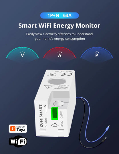 Zemismart Zigbee WiFi 63A MiNi Energy Meter Electric Monitor Sensor Work with Tuya Smart Zigbee2mqtt Home Assistant Homey SPM01