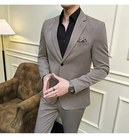High quality Korean slim fit (suit + trousers) Fashion business handsome casual solid color wedding suit two-piece set