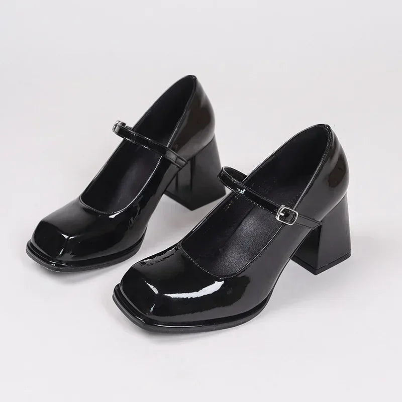 Ladies Summer Black New Small Leather Shoes Mary Janes Vintage Buckle Non-Slip Sandals Woman Medium Heels Casual Elegant Heels