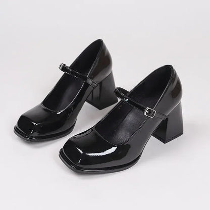 Ladies Summer Black New Small Leather Shoes Mary Janes Vintage Buckle Non-Slip Sandals Woman Medium Heels Casual Elegant Heels