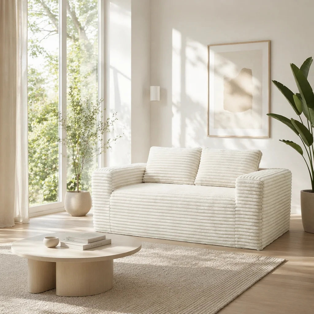 Boneless deep seat loveseat no assembly required foam base sofa plush corduroy fabric modern living room sofa for bedroom office