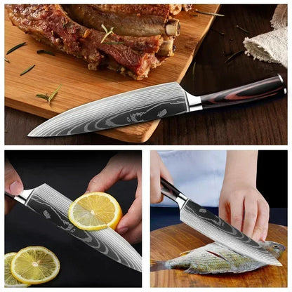 Damascus Chef's Knife Kitchen Knives Set Professional Boning Knife Meat Cleaver Utility Knife Japanese Santoku Knife with Cover