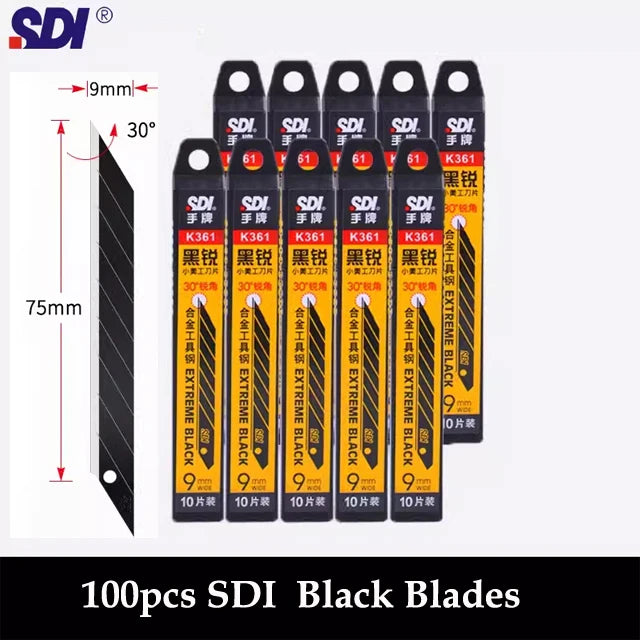 SDI 9mm Anti-Shaking Utility Knife 30-Degree Angle Sharp Black Steel Blades Box Cutter Auto Lock Professional Craft DIY Opener