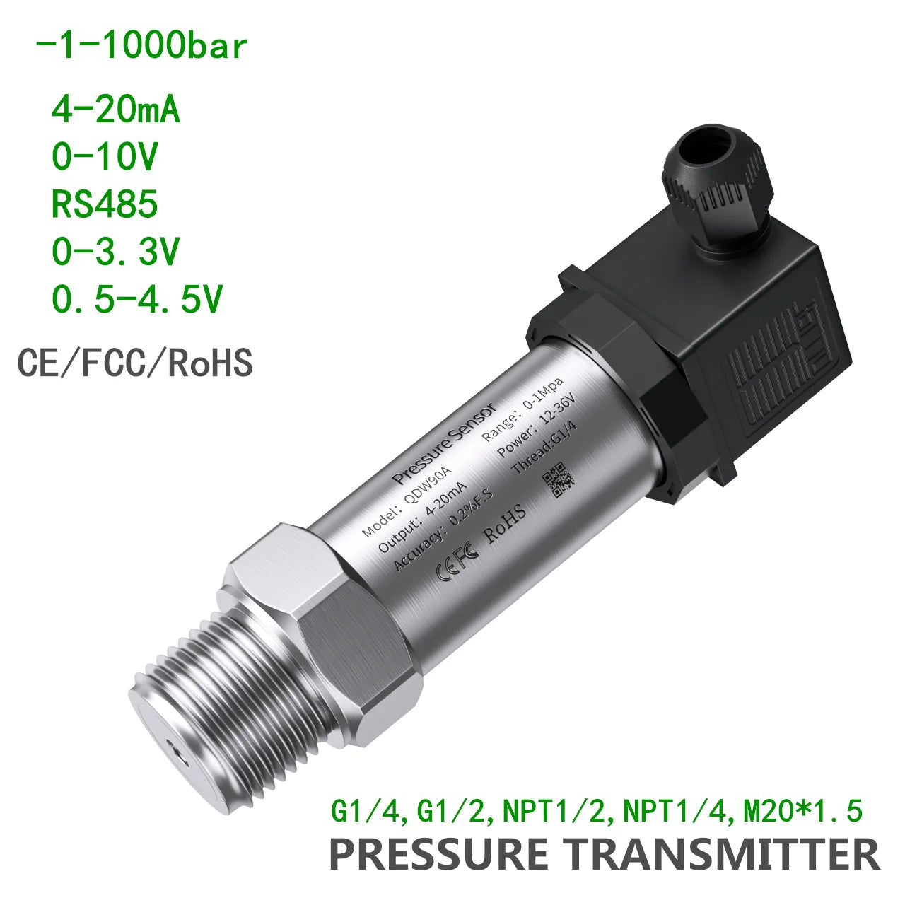 Pressure Transmitter 4-20mA 0-3.3V 0-10V RS485 G1/4" Pressure Sensor 1bar 10bar 50bar Digital Pressure Transducer