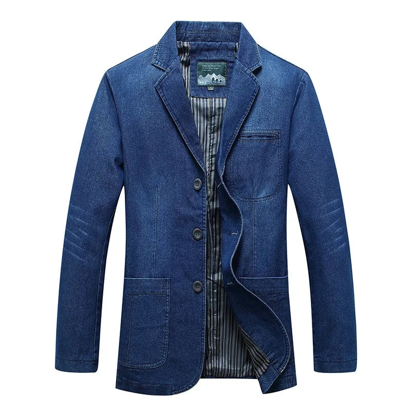 KIDWHXR Man Denim Blazer Autumn Business Casual Single-breasted Men Jacket Retro Loose Long Sleeve Pocket Male Jean Suit Coat