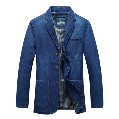 KIDWHXR Man Denim Blazer Autumn Business Casual Single-breasted Men Jacket Retro Loose Long Sleeve Pocket Male Jean Suit Coat