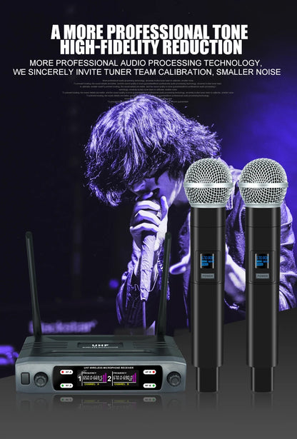 Wireless Microphone Handheld Dual Channels UHF Fixed Frequency Dynamic Mic For Karaoke Wedding Party Band Church Show
