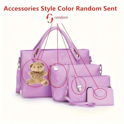 4pcs Geometric Pattern Tote Bag, Fashion Handbag Chian Crossbody Bag, Clutch Bag and Card Holder Purses and Handbags Hand Bag