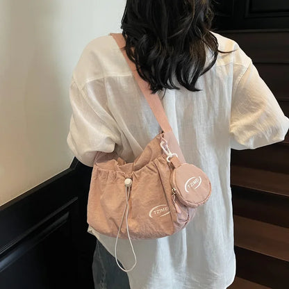 Chic Nylon Crossbody Bag Casual Drawstring Messenger Bag with Detachable Pouch, Adjustable Strap Shoulder Purse for Daily Travel