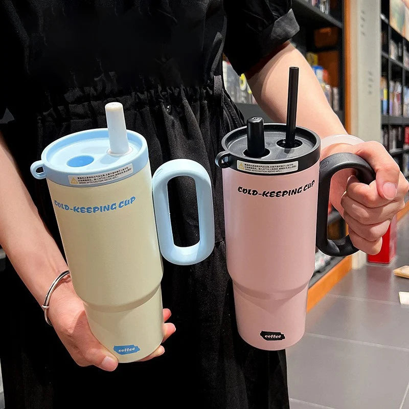 JUSTINLAU 750ml Insulated Cup Ice Tumbler 316 Stainless Steel Thermal Cups With Straw & Handle Cold Hot Outdoor Travel Car Cup