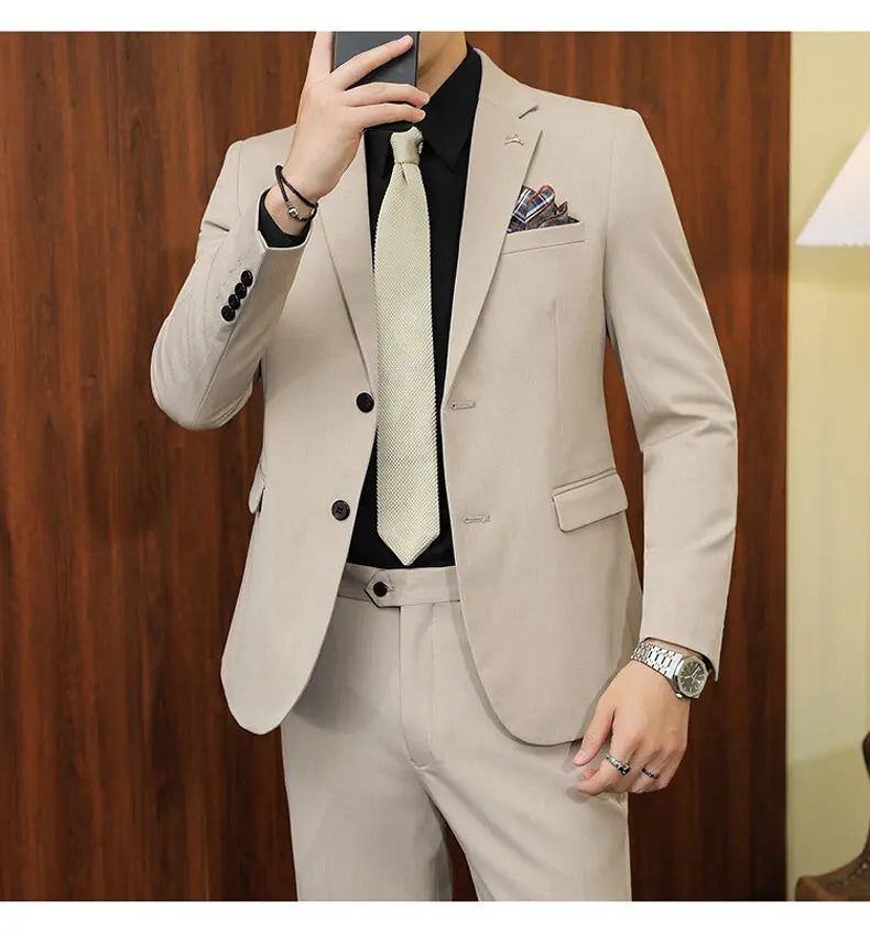 High quality Korean slim fit (suit + trousers) Fashion business handsome casual solid color wedding suit two-piece set