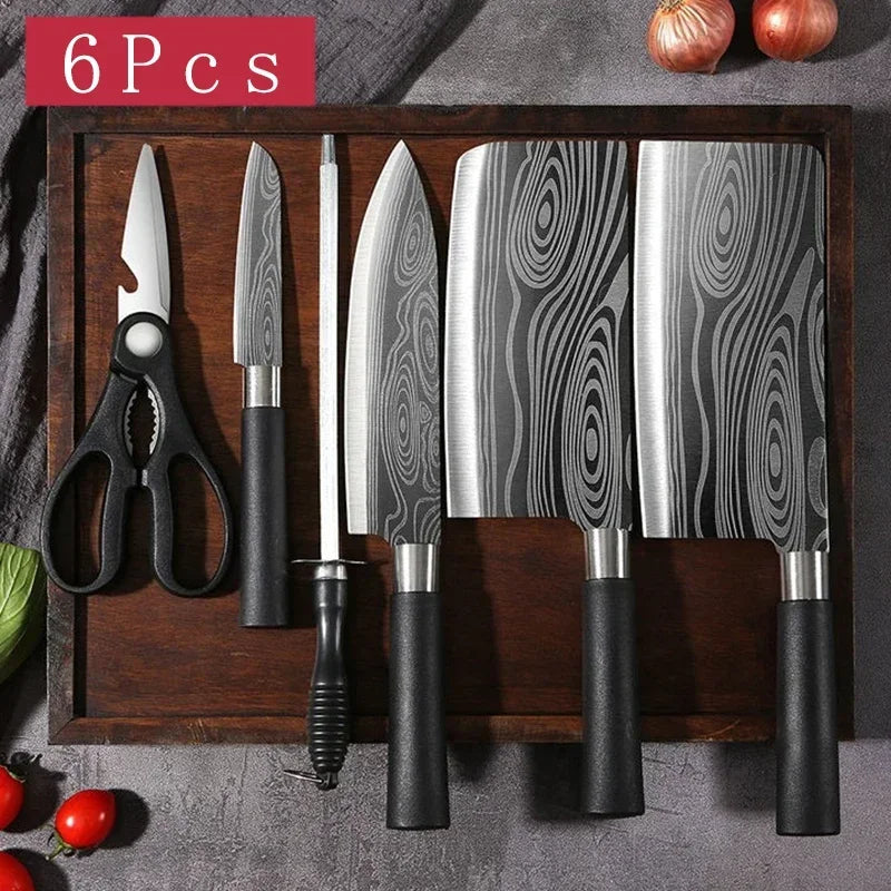 Laser Damascus Pattern Utility Kitchen Knives Set, Stainless Steel Sharp Slicing Chef Knife, Scissors & Sharpening Rod Cooking T