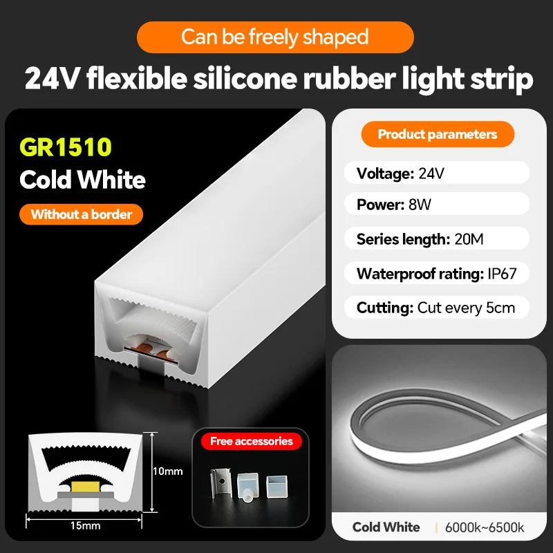 LED flexible silicone light strip embedded 24V waterproof tubing linear lamp concealed installation flexible soft light strip