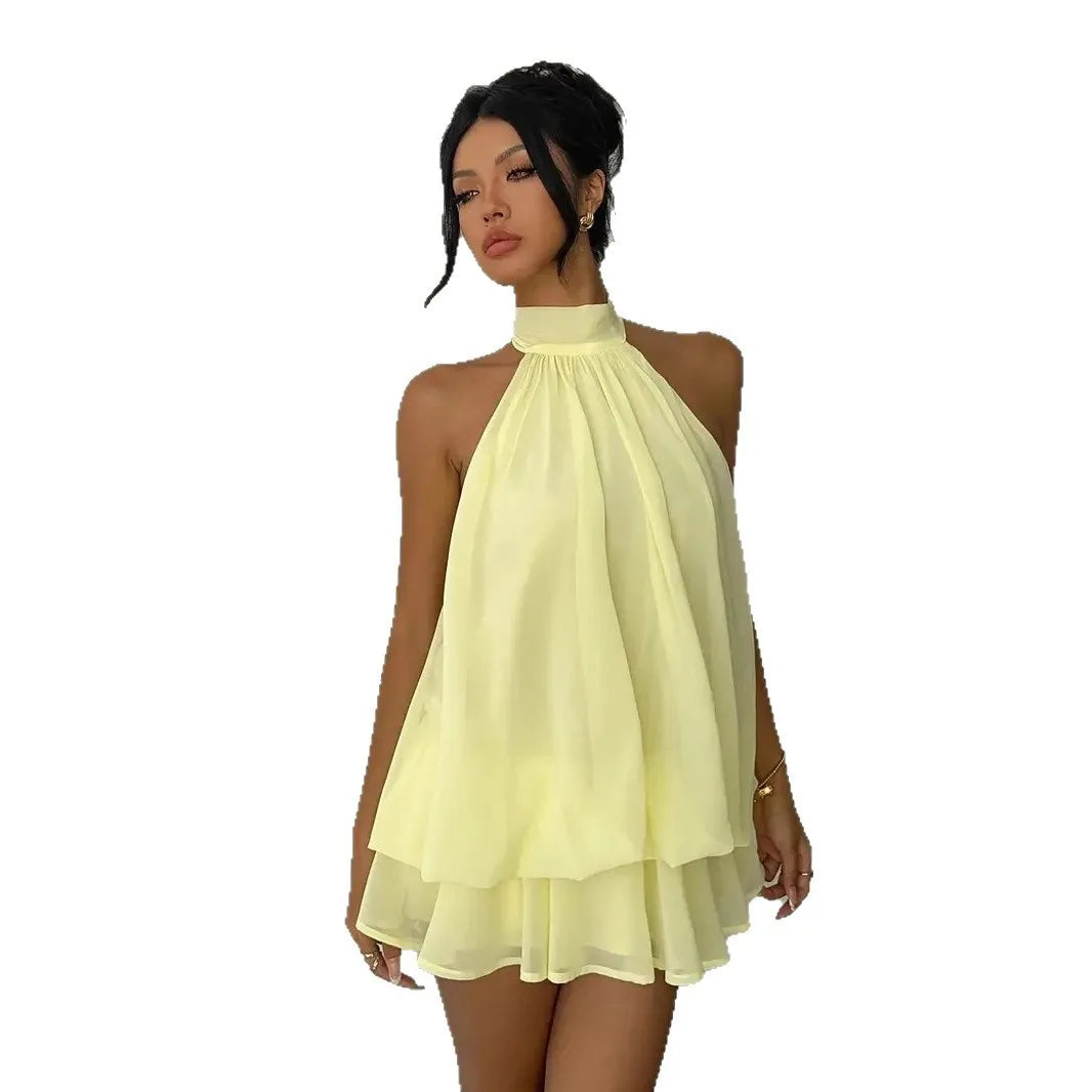 2026 Women's Elegant Halter Neck Sleeveless Ruffled Layered Chiffon Mini Dress Casual Summer Party Dress for Beach Vacation Y2K