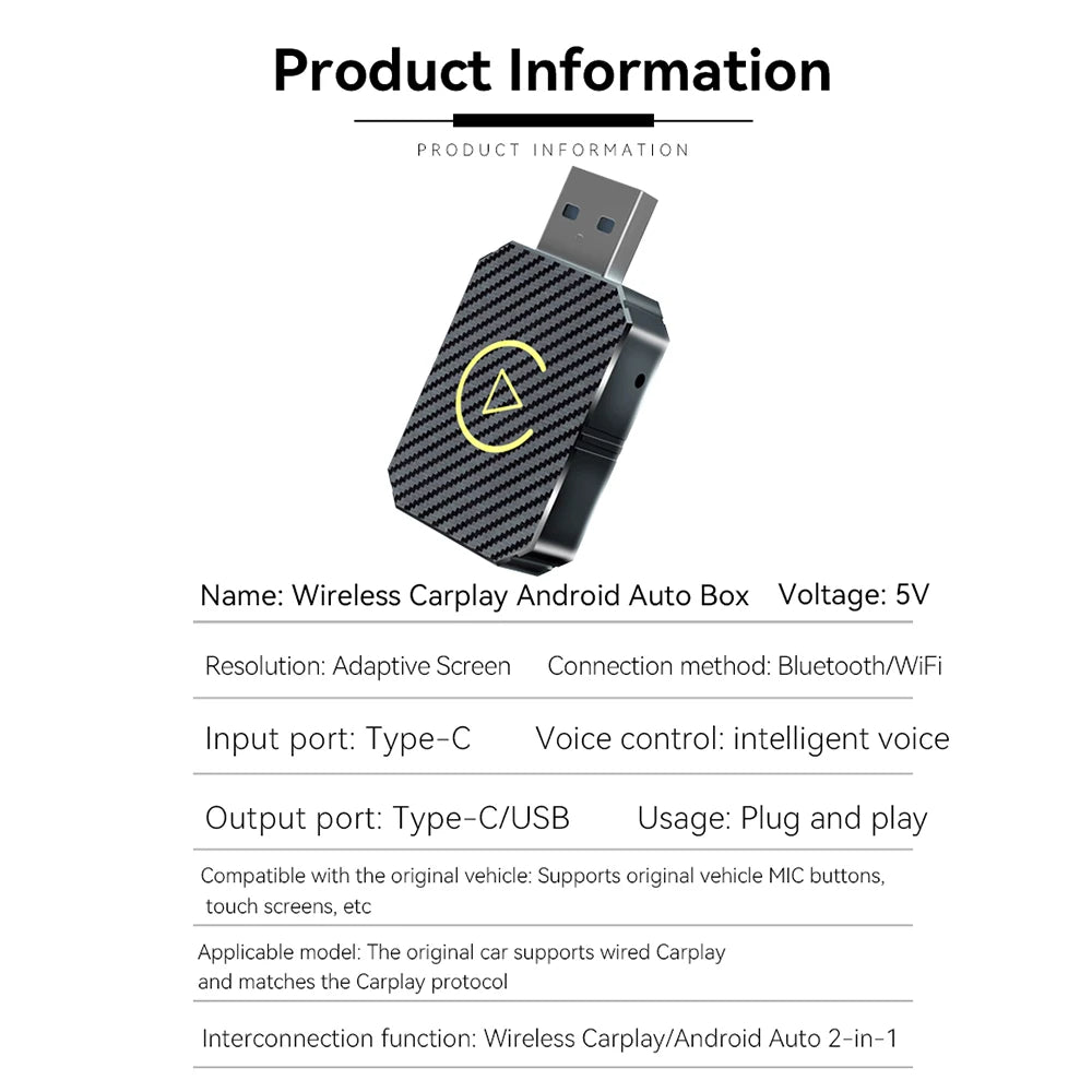 KEBIDUMEI Wired To Wireless Carplay 2IN1 Car AI Box Plug & Play Smart Dongle Android Auto WiFi 5.0GHz Bluetooth 5.0 Mini Adapter