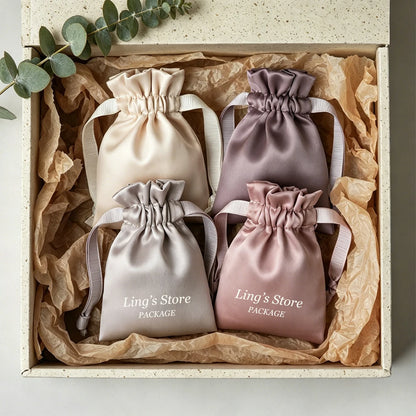 100Pcs Personalized Logo Jewelry Packaging Silk Satin Drawstring Bag Wedding Favors Candy Gift Pouch Ring Bracelet Cosmetic Sack