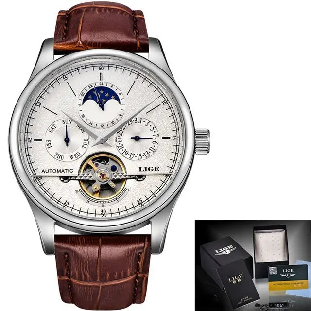 LIGE Men Watches Automatic Mechanical Watch Tourbillon Clock Genuine Leather Waterproof Watch Men Military Wristwatch Man