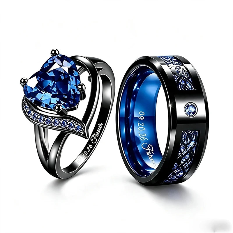 Personalized Couple Rings Set Custom Engraved Heart Cubic Zirconia Engagement  Ring Birthday Gift Wedding Rings Jewelry