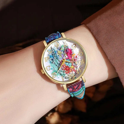 1/2/3/5PCS Fashion Women Watches Vintage Flowers Printed PU Strap Quartz Watch Reloj Mujer（Without Box）