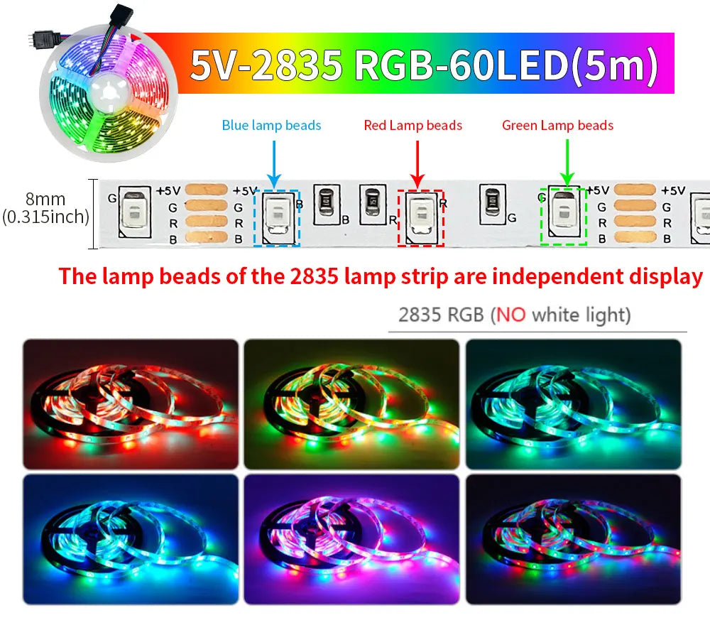 5M USB Led Strip Lights RGB 2835 60 LED Bluetooth APP Control Luces Led Flexible Diode Decoration For Living Room Lamp Ribbon