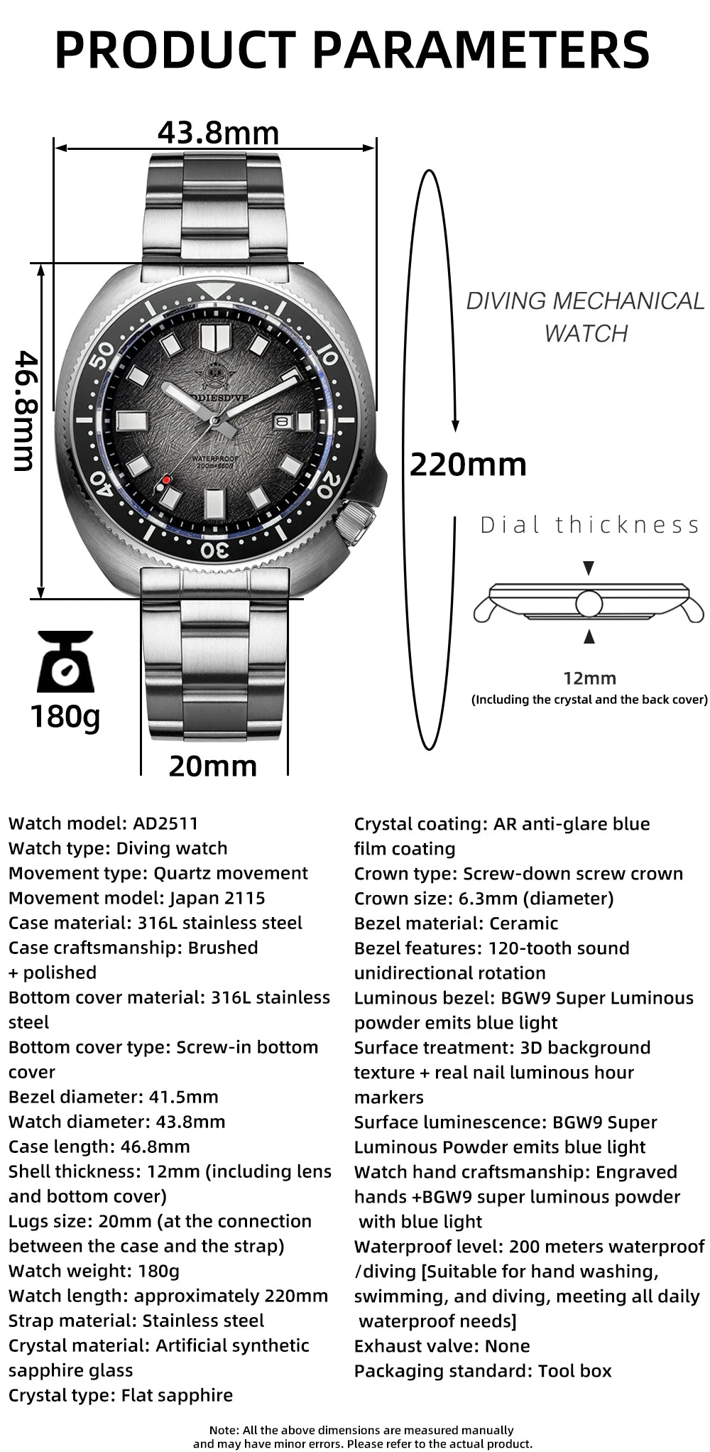 ADDIESDIVE New 43.8mm Watch for Men Dive AD2511 Luxury Sapphire Quartz Wristwatch 100m Waterproof Stainless Steel Luminous Watch