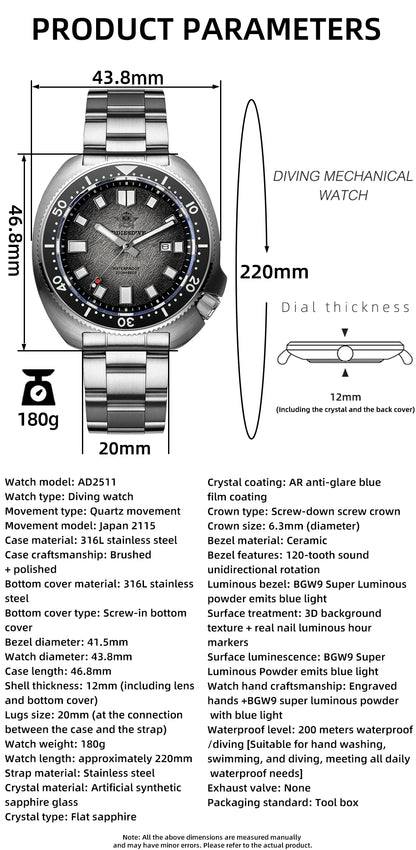 ADDIESDIVE New 43.8mm Watch for Men Dive AD2511 Luxury Sapphire Quartz Wristwatch 100m Waterproof Stainless Steel Luminous Watch