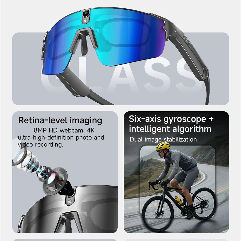Inteligentne okulary rowerowe AI 4K HD z kamerą 800W, połączenia Bluetooth, tłumaczenie, stabilizacja obrazu, przeciwsłoneczne, dla mężczyzn i kobiet, anty-UV, wodoodporne, muzyka