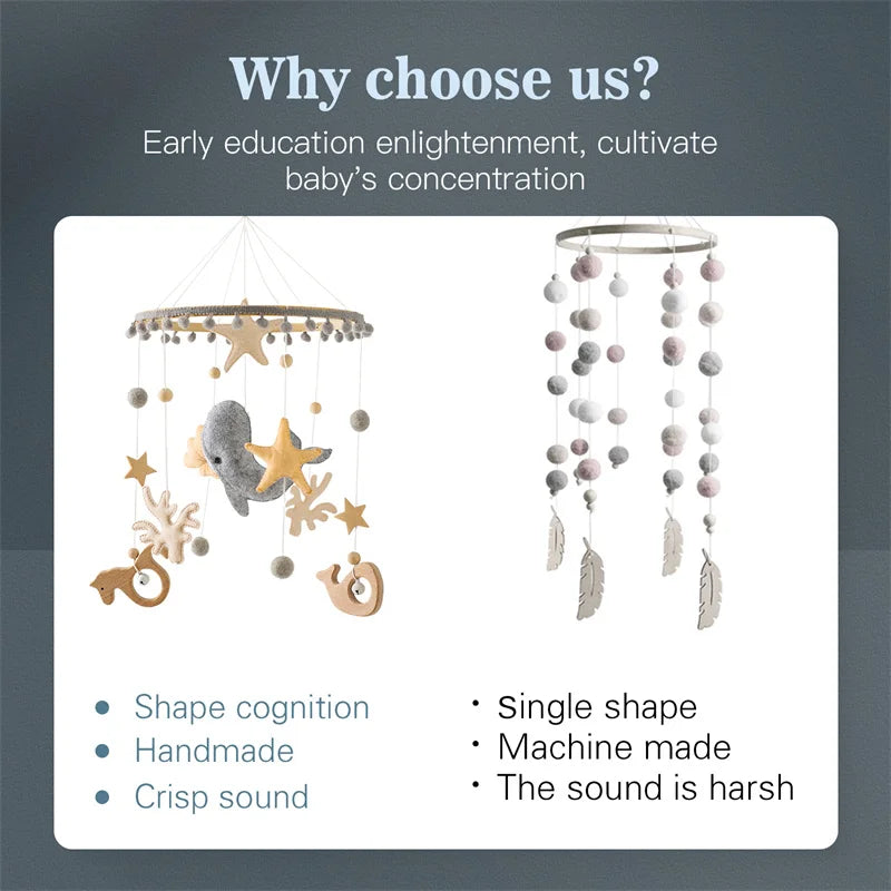 Baby Soft Felt Cartoon Wool Ball Seashell Rattles Hanging Bed Bell Newborn Mobile Crib Wooden Bracket Montessori Education Toys