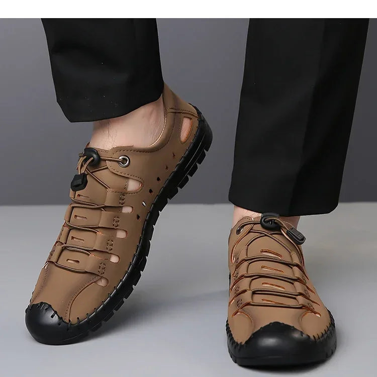 Men's Summer New Hollow out Breathable Leather Sandals Outdoor Anti-Slip Soft Bottom Casual Cover Toe Slip-On Shoes-8025
