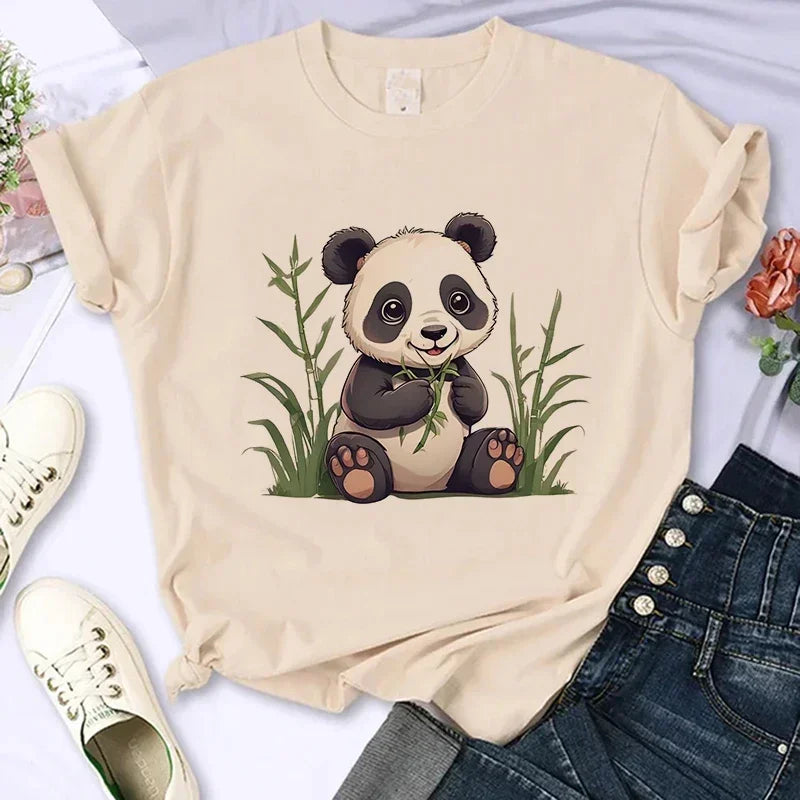Cartoon Casual Creative T-shirt Vintage Round Neck Clothes Funny Cute Panda Printed T Shirt for Women Summer Sleeve
