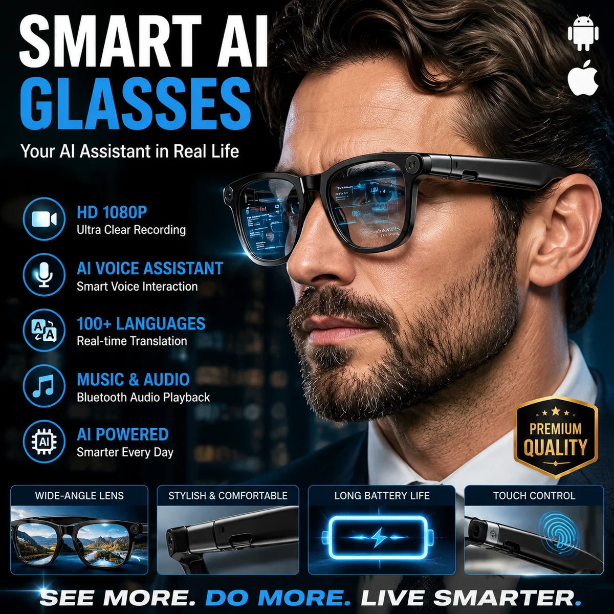 New HD 800W Camera Smart Glasses Men 100+Language Translation 1080P Shoot Video WIFI Transmission 3D Music Call Sunglass Glasses