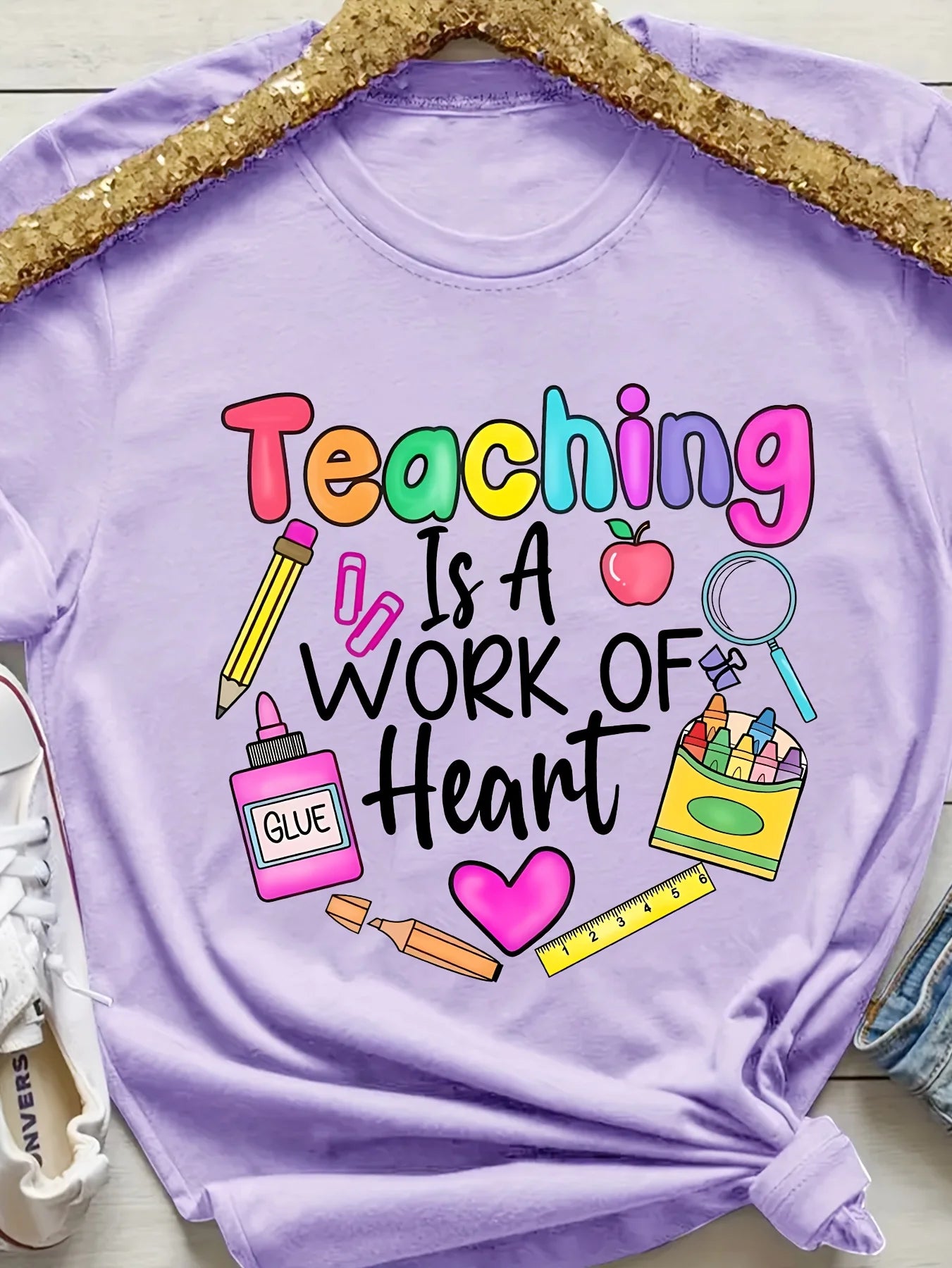 Teaching Is A Work Of Heart Women's Tee - Colorful Teacher Graphic, Casual Purple Top