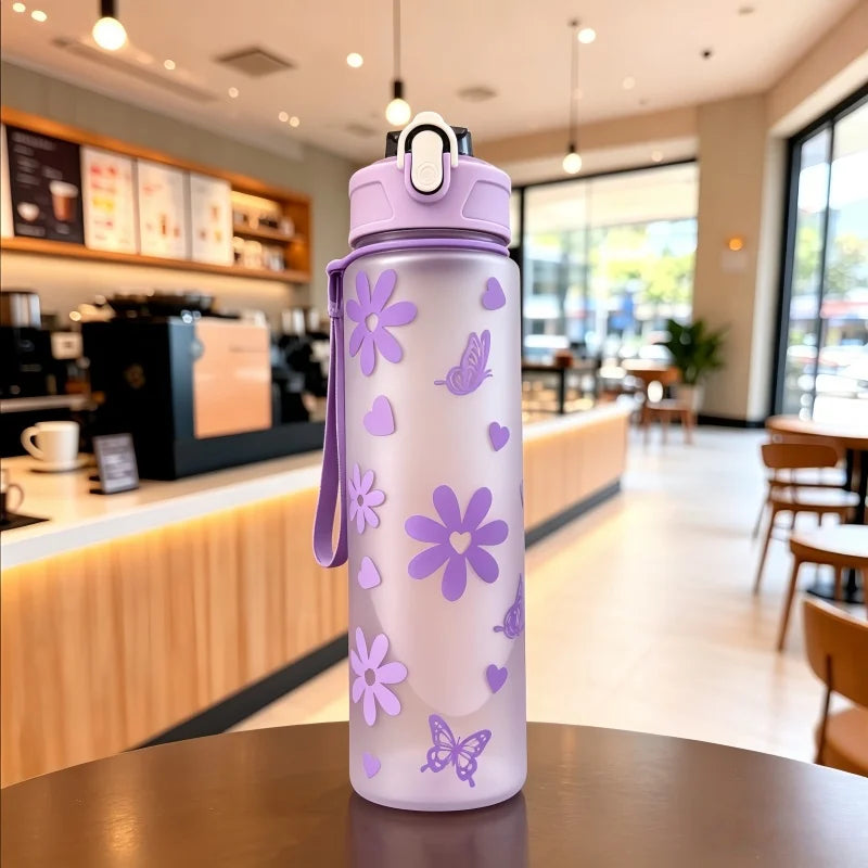 750ML Matte PC Water with Cute Bowknot Pattern Leakproof Includes Straw and Carry Handle Spring-Loaded Lid Bottle