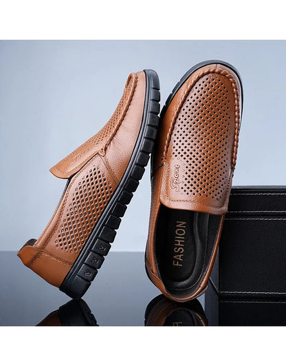 Men's Slip-On Loafers Summer Hollow Out Breathable Casual Shoes Comfortable Soft Sole Anti-Slip Leather Shoes-8822