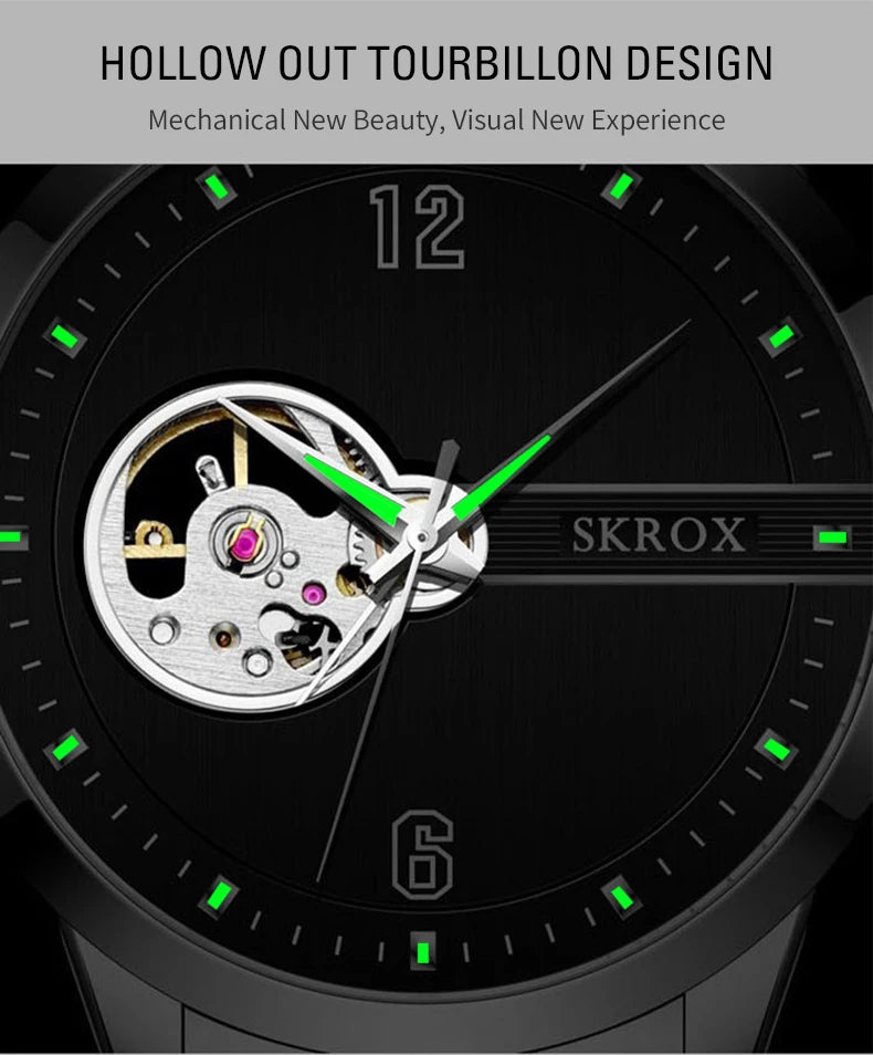 SKROX Original Luxury Brand Waterproof Tourbillon Automatic Clock Steel Skeleton Mechanical Man Watch Business Male Wristwatches