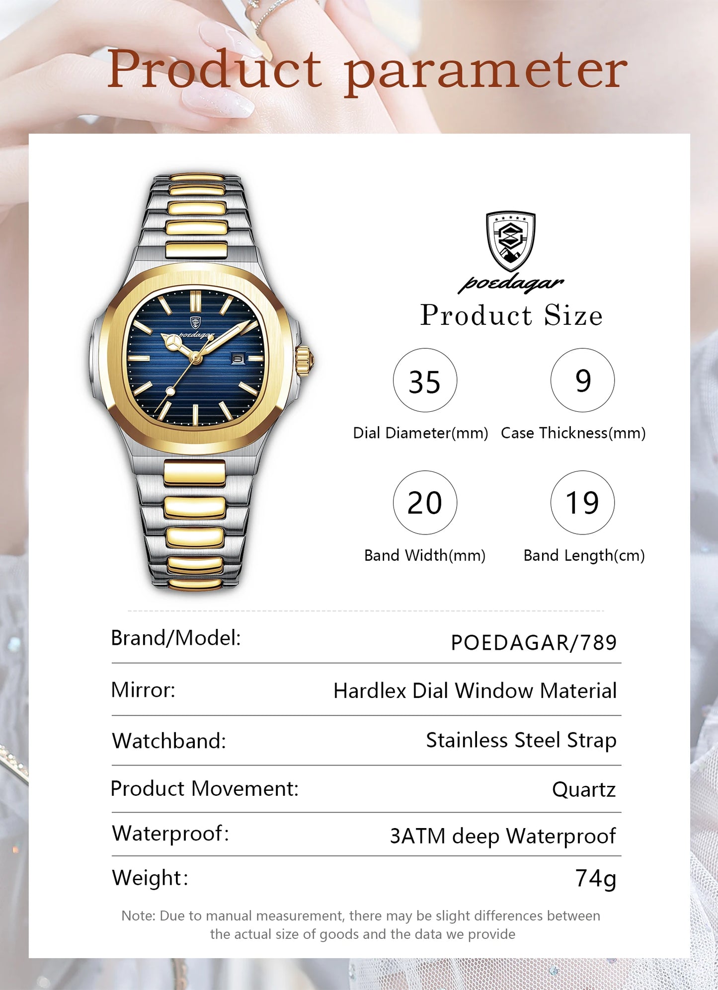 POEDAGAR Fashion Square Watches For Woman Waterproof Luminous Date Ladies Watch Stainless Steel Luxury Quartz Women's Wristwatch
