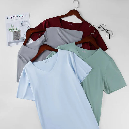 1pcs Men T-shirts Ice Silk Traceless Slim T Shirt For Man Seamless Casual V-neck Short Sleeve Tee Male Summer Thin Clothing Tops