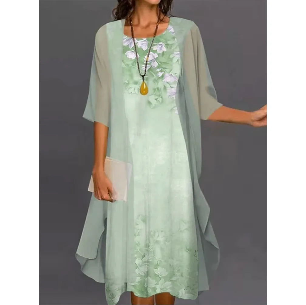 2026 Europe and the United States summer women's casual dress two-piece floral print round collar repair maxi