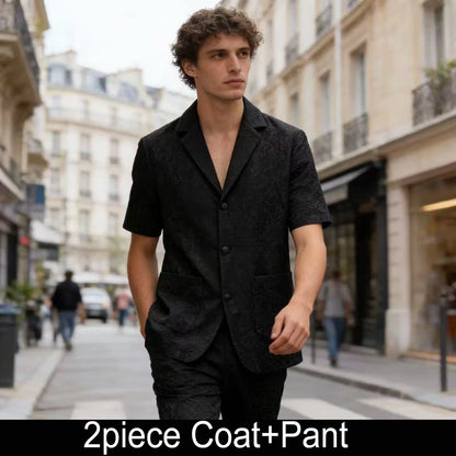 KIDWHXR Summer Man Suit Set Korean Thin Slim Short Sleeve Male 2-piece Outfit Men Single-breasted Blazer Elastic Waist Pant