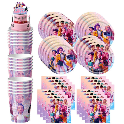 K-pop Kids Birthday Party Supplies All-in-One Decor Set-Paper Tableware Cups Candy Box Gift Bags Banner for Festive Celebrations