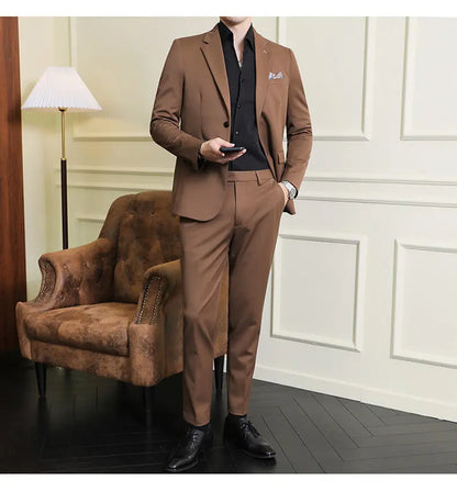High quality Korean slim fit (suit + trousers) Fashion business handsome casual solid color wedding suit two-piece set